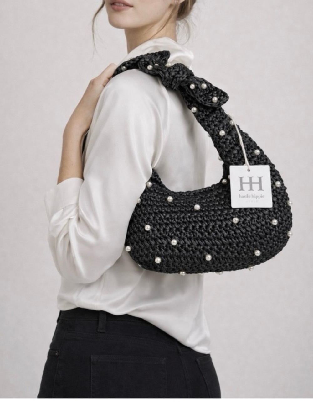 NWT Haute Hippie Beaded Hobo Bag Black with Pearl Accents Women's Handbag